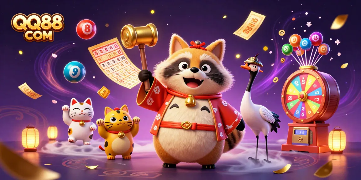 Try your luck with QQ88 COM's vibrant lottery scene featuring colorful balls and fortune cats.