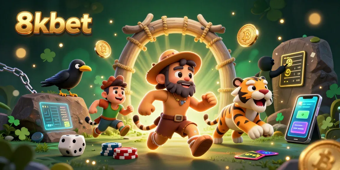 Bet at 8xbet while enjoying a lively prehistoric casino scene with a caveman, sabertooth tiger, and blockchain elements.