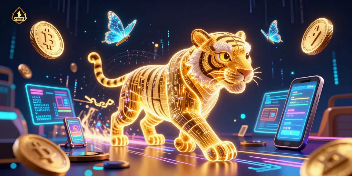Experience 11WIN's vibrant digital casino world with a neon tiger and crypto elements.