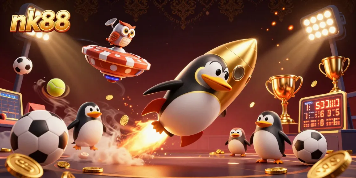 Engage with nk88 as the golden penguin blasts towards a dynamic casino space station.