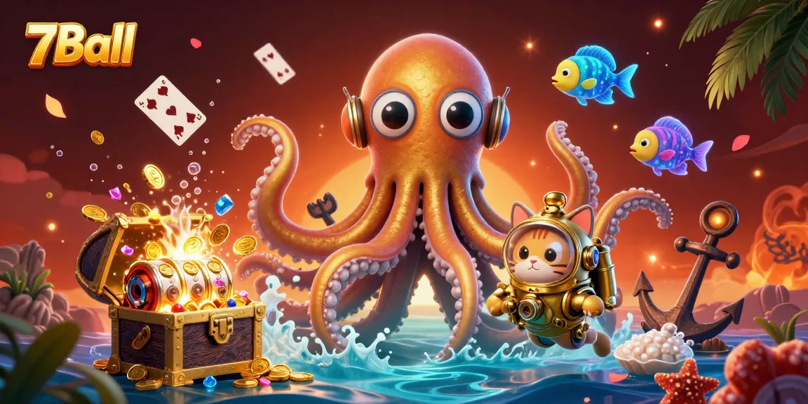 Immerse in the thrilling 7Ball experience featuring a colossal kraken and a diving cat amidst vibrant casino elements.