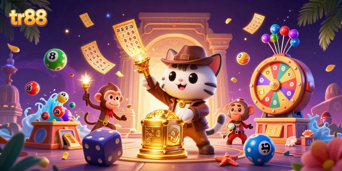 tr88 showcases an explorer cat and monkey amidst vibrant lottery elements for an engaging gaming atmosphere.
