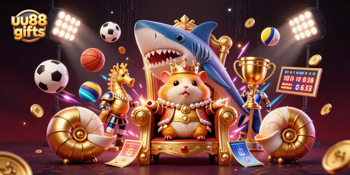Experience the thrill at uu88 gifts with a 3D scene featuring a golden hamster king, sports elements, and vibrant casino decor.