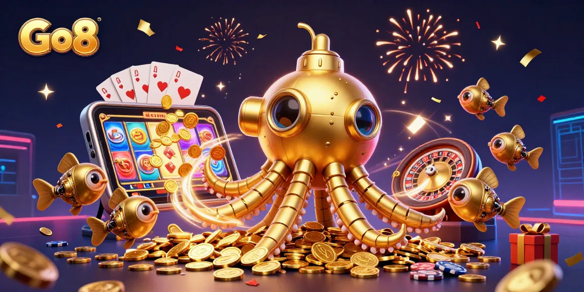 Players experience thrilling action at Go8 with a vibrant scene of a kraken submarine amidst casino games.