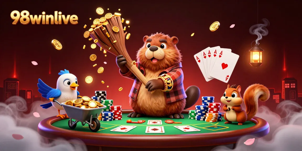 Join the fun with 98winlive as beaver collects coins in a vibrant casino scene