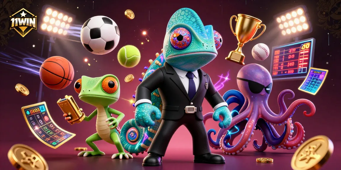 11WIN promotes dynamic sports action with a chameleon, gecko, and octopus in a vibrant scene.