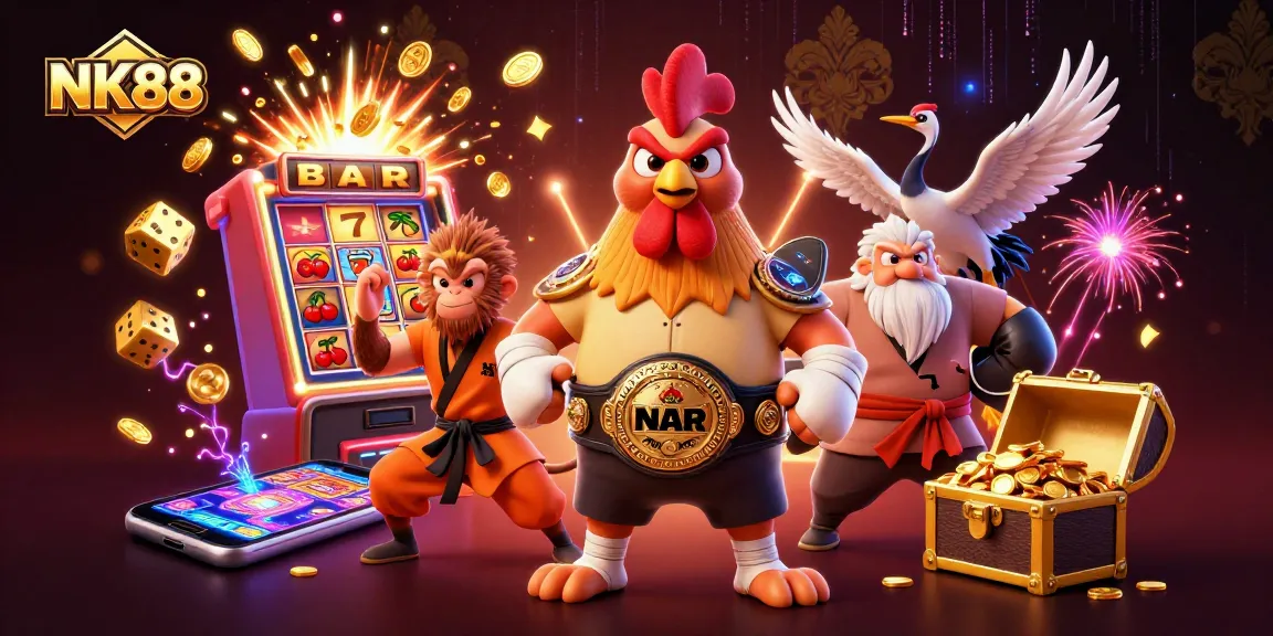 Engage in thrilling gameplay with the energetic NK88 casino characters and jackpot elements.