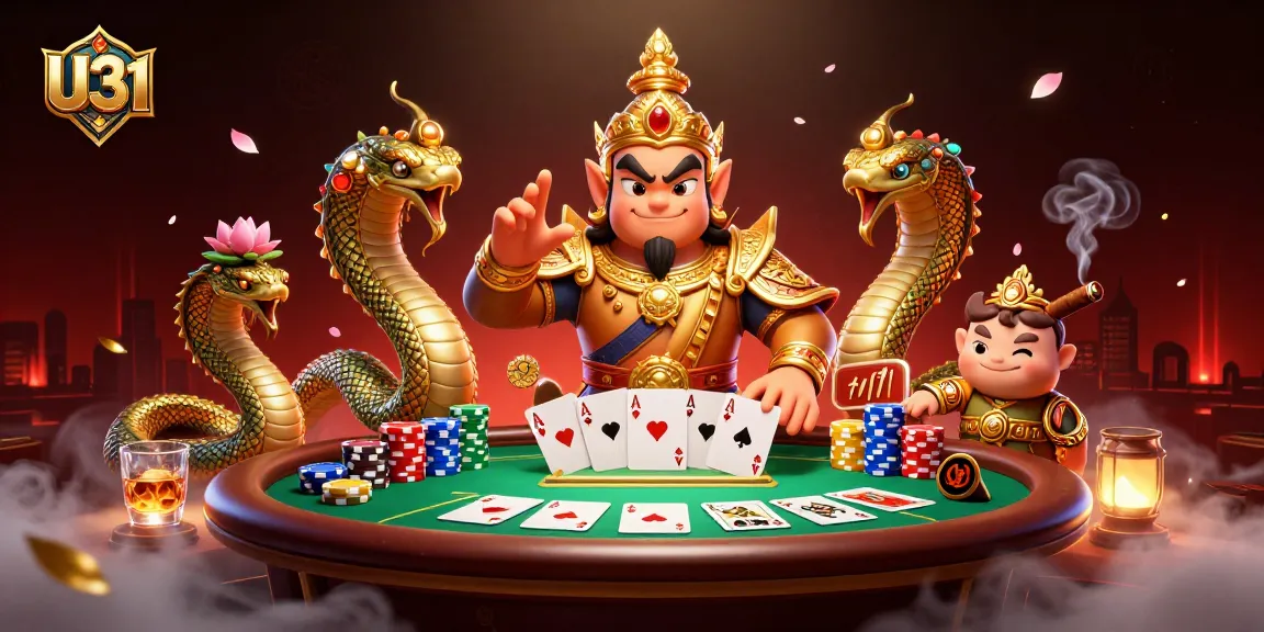 Experience the vibrant casino energy at U31 featuring a Thai temple guardian with poker elements.