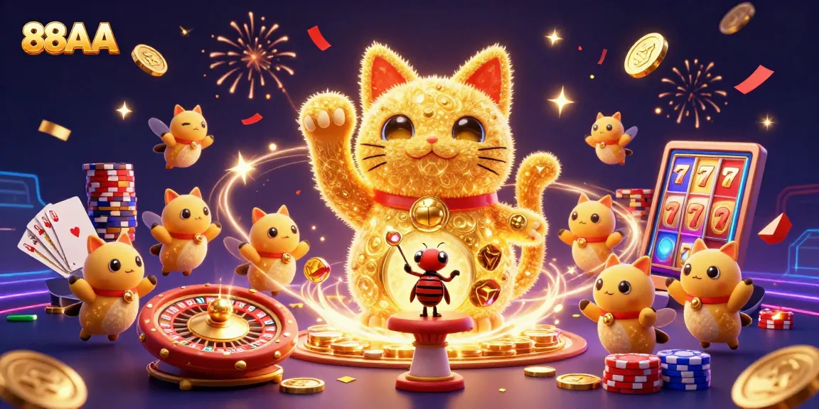 Experience the excitement of 88AA with golden fireflies and sparkling gems in a dynamic casino scene.