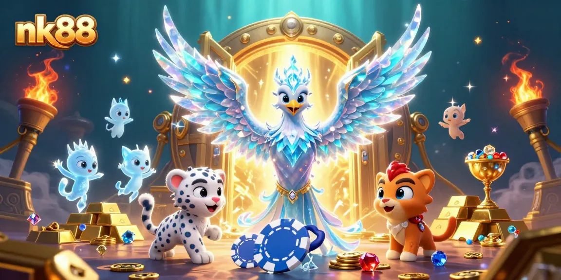 Experience the enchanting nk88 casino adventure with an ice phoenix, poker elements, and vibrant treasures.