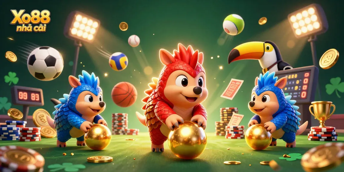 Xo88 nhà cái showcases a vibrant gambling scene with rival pangolins bowling through poker chips.