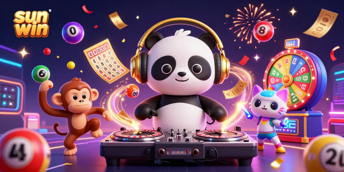 Experience sun win's dynamic casino atmosphere with lively characters, vibrant lottery elements, and a celebratory vibe.