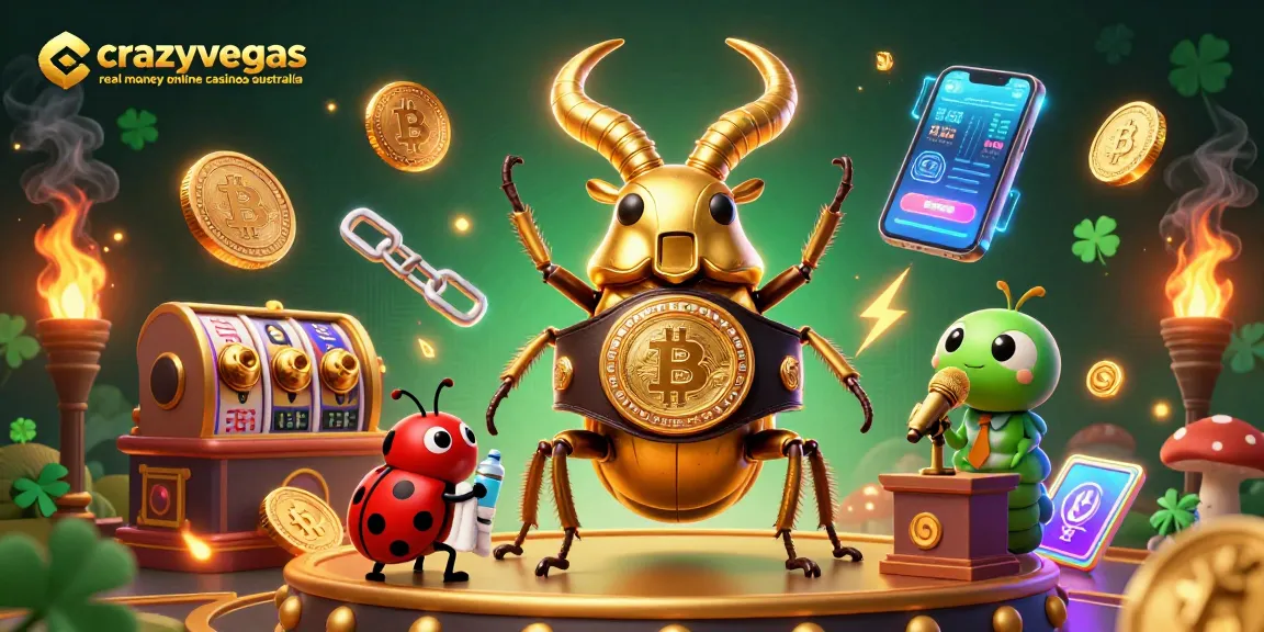 Engage with crazyvegas real money online casinos australia in a dynamic 3D cartoon scene featuring unique characters and casino elements.