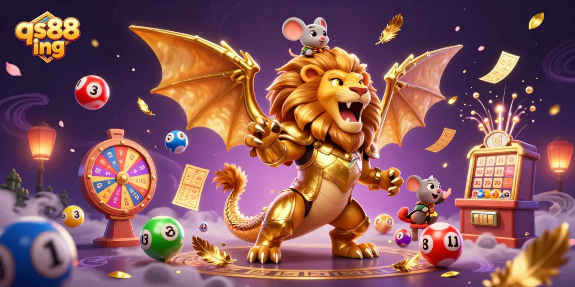 Experience thrilling gaming action with qs88 ing as a chimera creature roars triumphantly amidst colorful lottery elements.