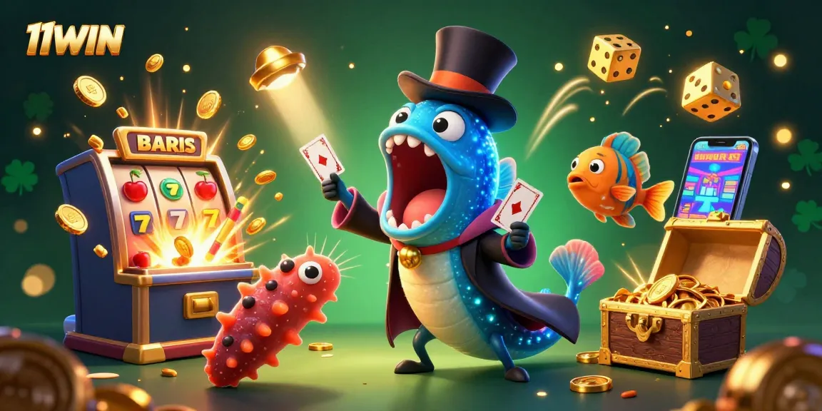 Engage with vibrant 11WIN casino magic, featuring a deep-sea eel performing card tricks.