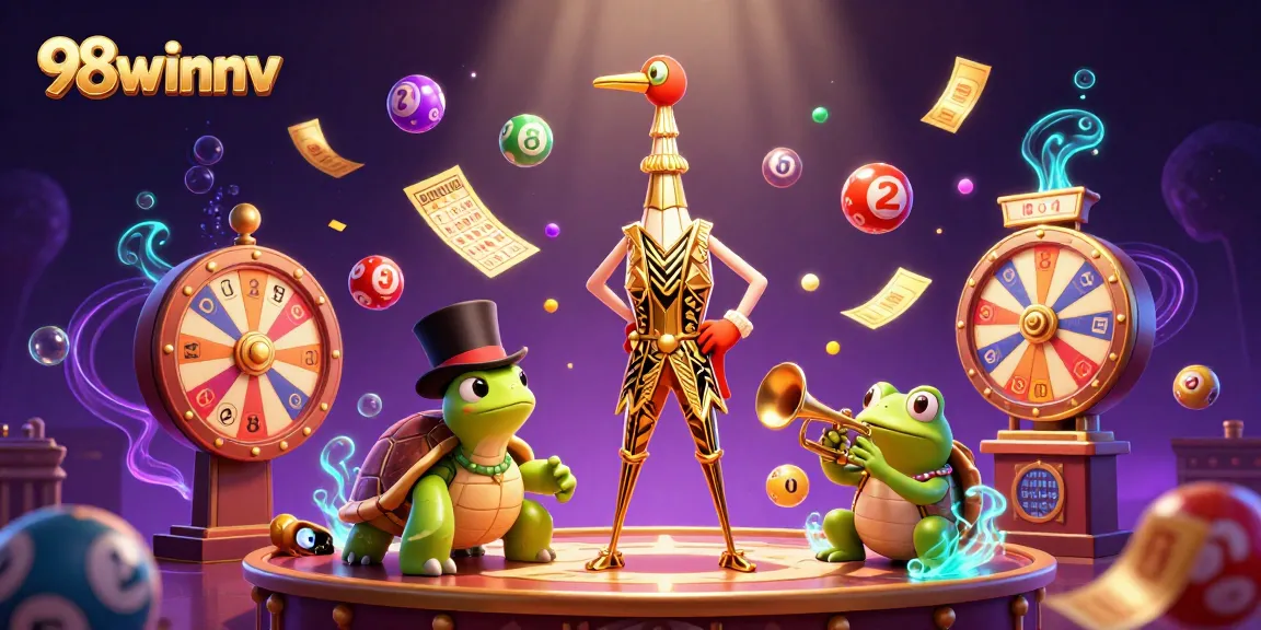 Play exciting games at 98winnv while surrounded by vibrant lottery elements and lively characters.