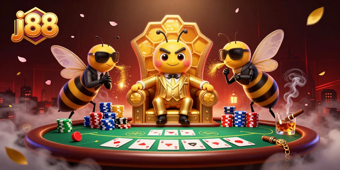 Engage with the j88 casino scene featuring a bumblebee mob boss and poker elements.