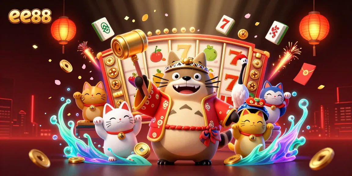 Engage with ee88's vibrant 3D casino scene featuring cheerful tanuki and lucky symbols.