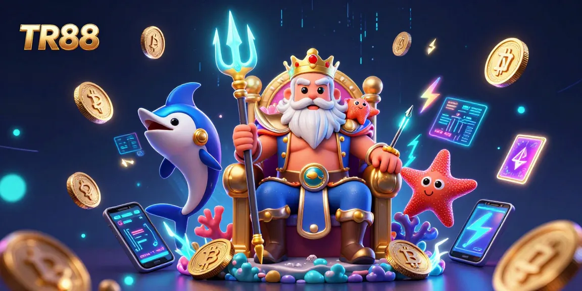 Experience the thrill of gambling at TR88 with a vibrant underwater casino scene showcasing crypto elements.