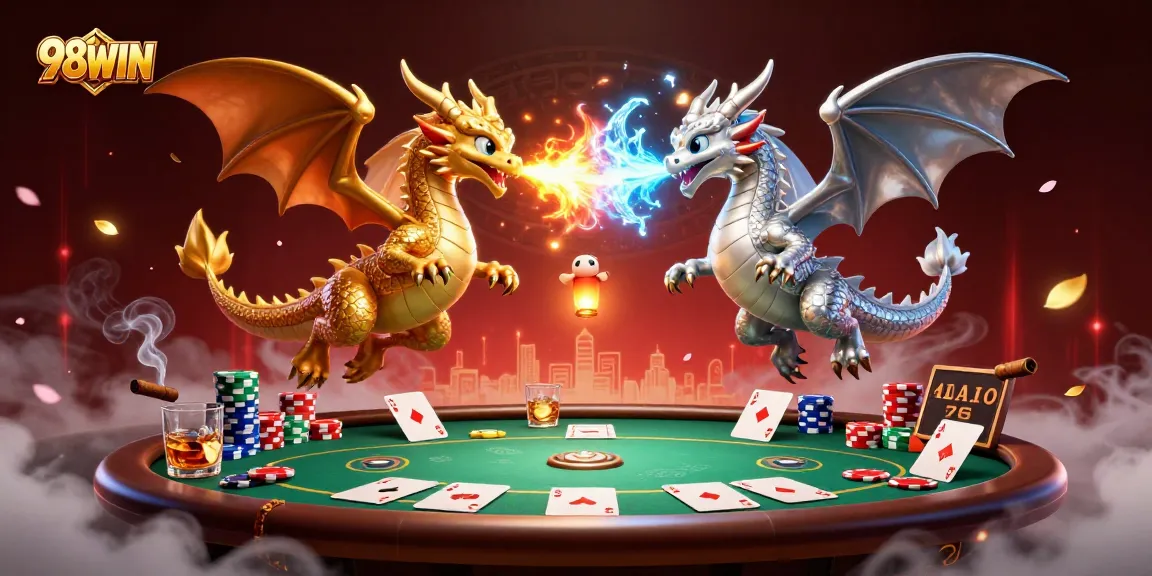 Experience the thrilling battles of 98WIN with gold and silver dragons in an epic poker scene.