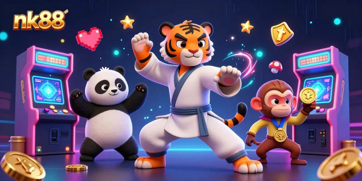 Experience nk88 gaming excitement with kung fu characters, dynamic elements, and vibrant casino elements.