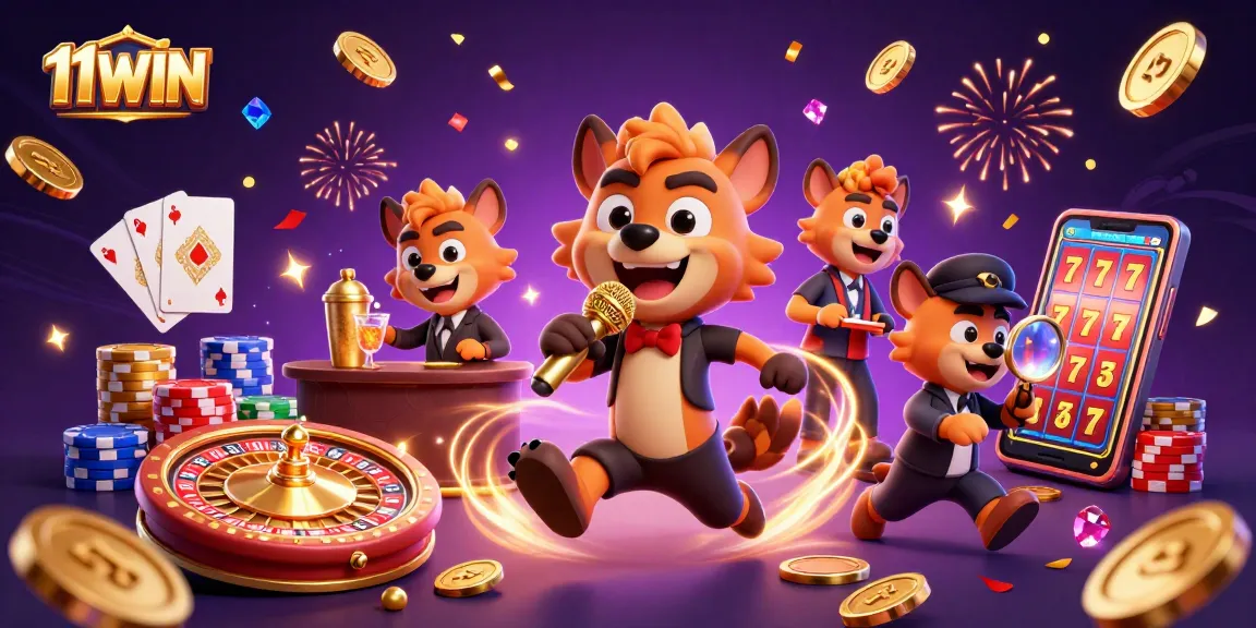 Experience the vibrant energy of 11WIN with a cartoon hyena casino scene showcasing comedy, drinks, and games.