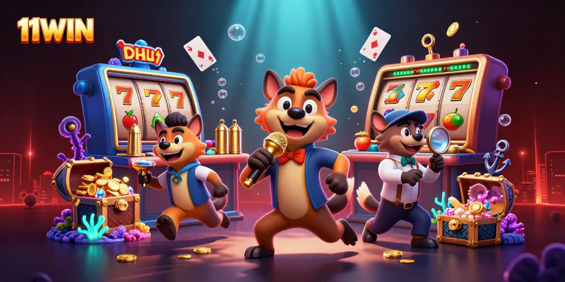 Engage with 11WIN's dynamic casino scene featuring hyenas in a comedy club setting.