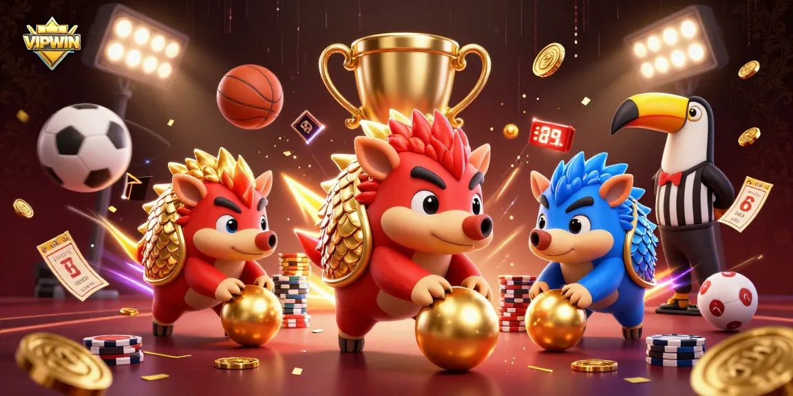 Engage with VIPWIN’s thrilling game scene featuring colorful pangolins competing amid golden chips and trophies.