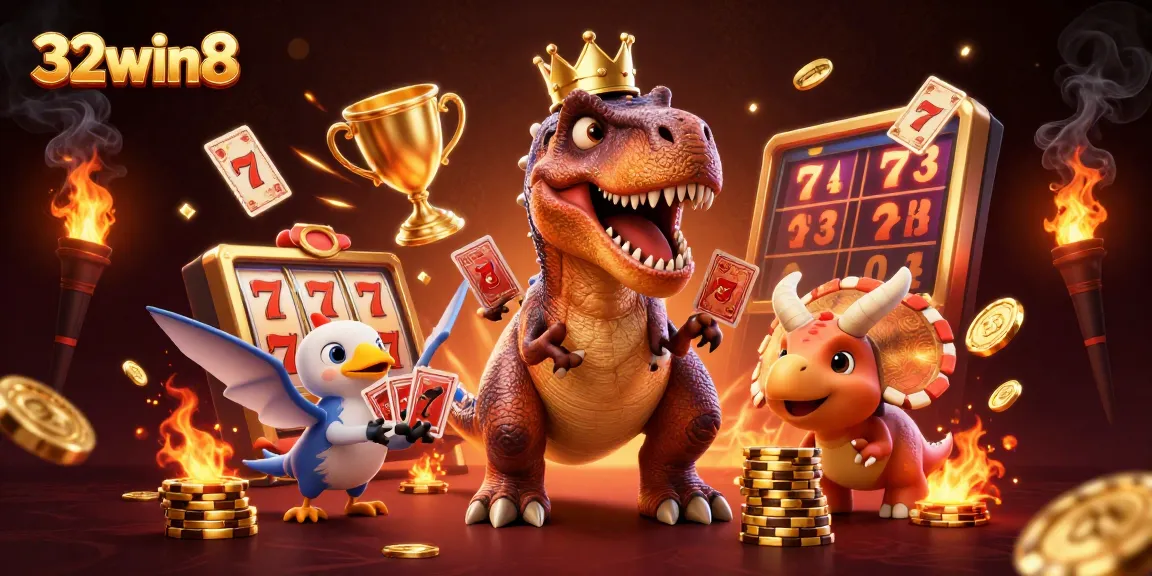 Experience the thrill of 32win8 with a friendly T-Rex shuffling cards in a vibrant 3D casino scene.